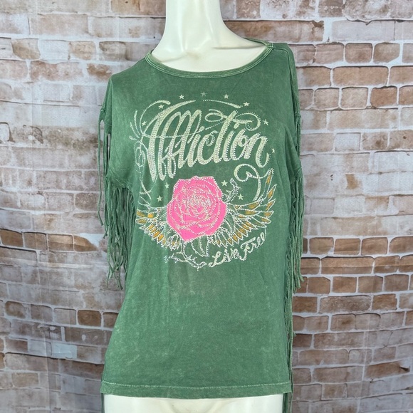 Affliction Women’s Fringe Rhinestone Graphic Cut Out Tank Top -NWT - Picture 1 of 12